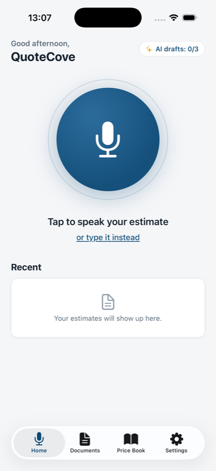 QuoteCove home screen with a large microphone button